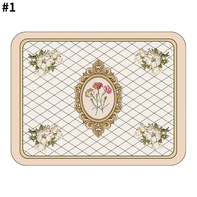 Elegant rectangular mat with a soft beige border, subtle diamond pattern, ornate central floral medallion, and delicate cream flower arrangements in each corner.