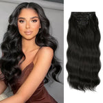 Side-by-side image showing a woman with long, glossy black loose waves (left) and a matching black wavy clip-in hair extension weft with multiple clips displayed on a white background (right).