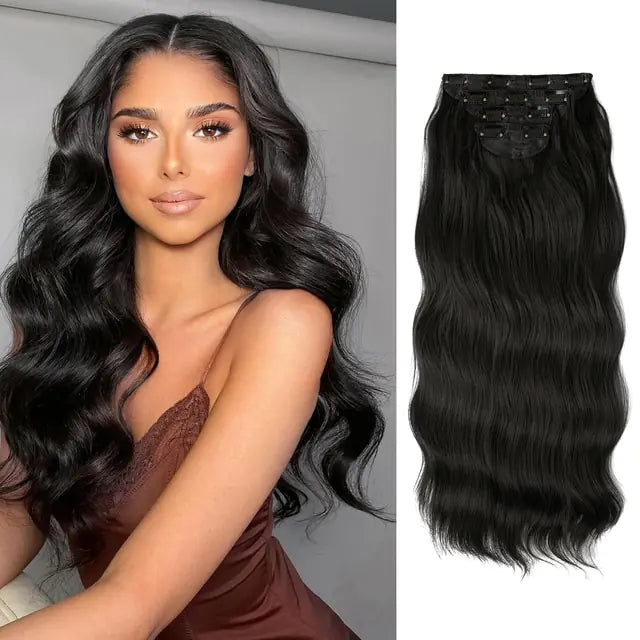 Side-by-side image showing a woman with long, glossy black loose waves (left) and a matching black wavy clip-in hair extension weft with multiple clips displayed on a white background (right).