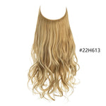 Wavy blonde “halo” hair extension with a clear wire at the top, shown on a white background with the color code “#22H613.