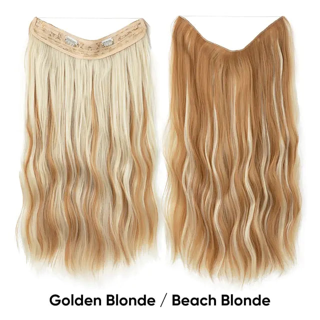 Light blonde wavy clip-in hair extension weft shown from the front and back on a white background, with the label “Light Blonde.