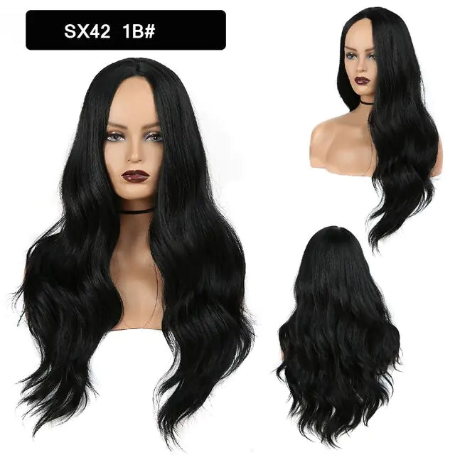 Collage of a long, wavy black wig on a mannequin head, shown from the front and back with side view; label reads “SX42 1B#.