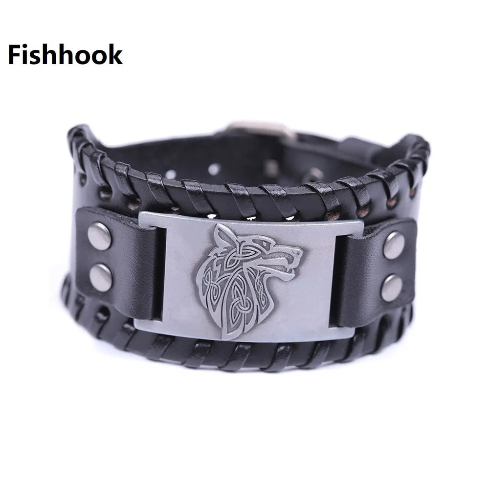 Black braided leather wristband bracelet with metal snaps and a rectangular silver-tone plate engraved with a stylized wolf head, labeled “Fishhook,” on a white background.