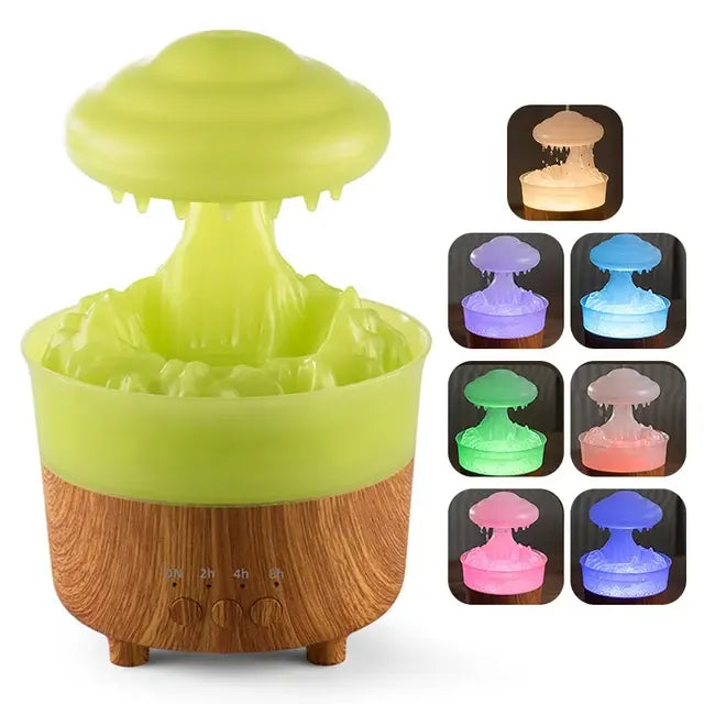 The image shows a decorative diffuser in the shape of a mushroom. It has an LED light feature that changes colors, including green, purple, blue, and white. The base is made of wood, and there are three buttons to control the timer (1, 2, 4, or 8 hours). The device emits mist, creating a relaxing atmosphere.