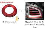 A 3-meter red trim strip with a tool on the left, and on the right, 10 pieces of 20cm GM Air Conditioner air outlet trim applied to the car’s air vent. The text reads, "3 Meters with tool" and "10pcs/set 20cm GM Air Conditioner Air Outlet Trim.
