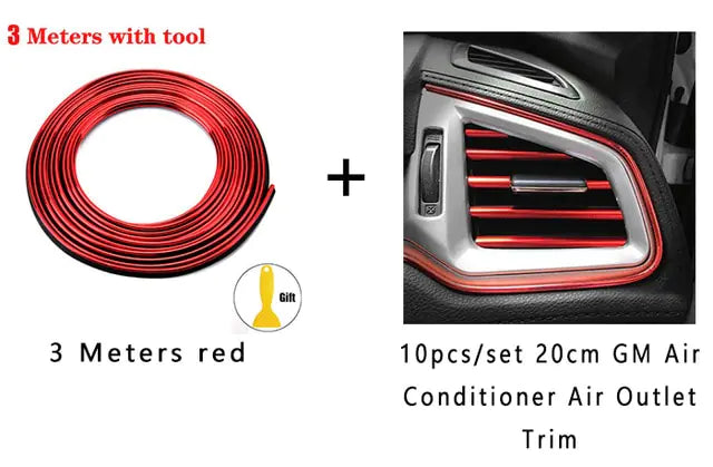 A 3-meter red trim strip with a tool on the left, and on the right, 10 pieces of 20cm GM Air Conditioner air outlet trim applied to the car’s air vent. The text reads, "3 Meters with tool" and "10pcs/set 20cm GM Air Conditioner Air Outlet Trim.