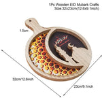 Wooden Eid Mubarak serving tray with a handle and cutout crescent-and-mosque design, shown with printed measurements (32×23 cm / 12.6×9.1 in) on a white background.