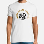 White T-shirt with a black interlocking logo and the phrase “Never Fails to Entertain” in curved gold text above it.
