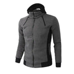 Grey zip-up hoodie with black contrast panels, drawstrings, and ribbed cuffs and hem.