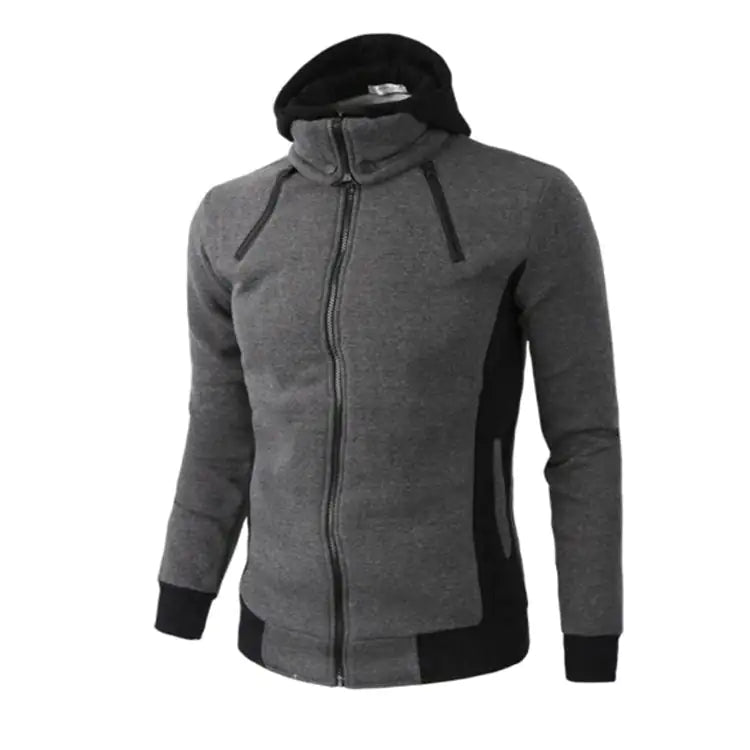 Grey zip-up hoodie with black contrast panels, drawstrings, and ribbed cuffs and hem.