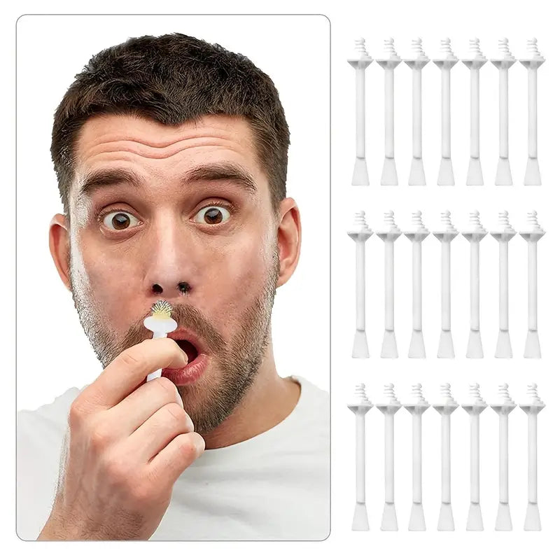 Man holding a toothbrush head with multiple toothbrush heads displayed on a white background
