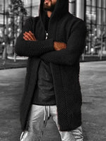 Men’s black textured hooded longline cardigan.
