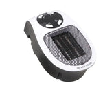 Compact portable electric heater with a plug-in design, front safety grille, and top control buttons.
