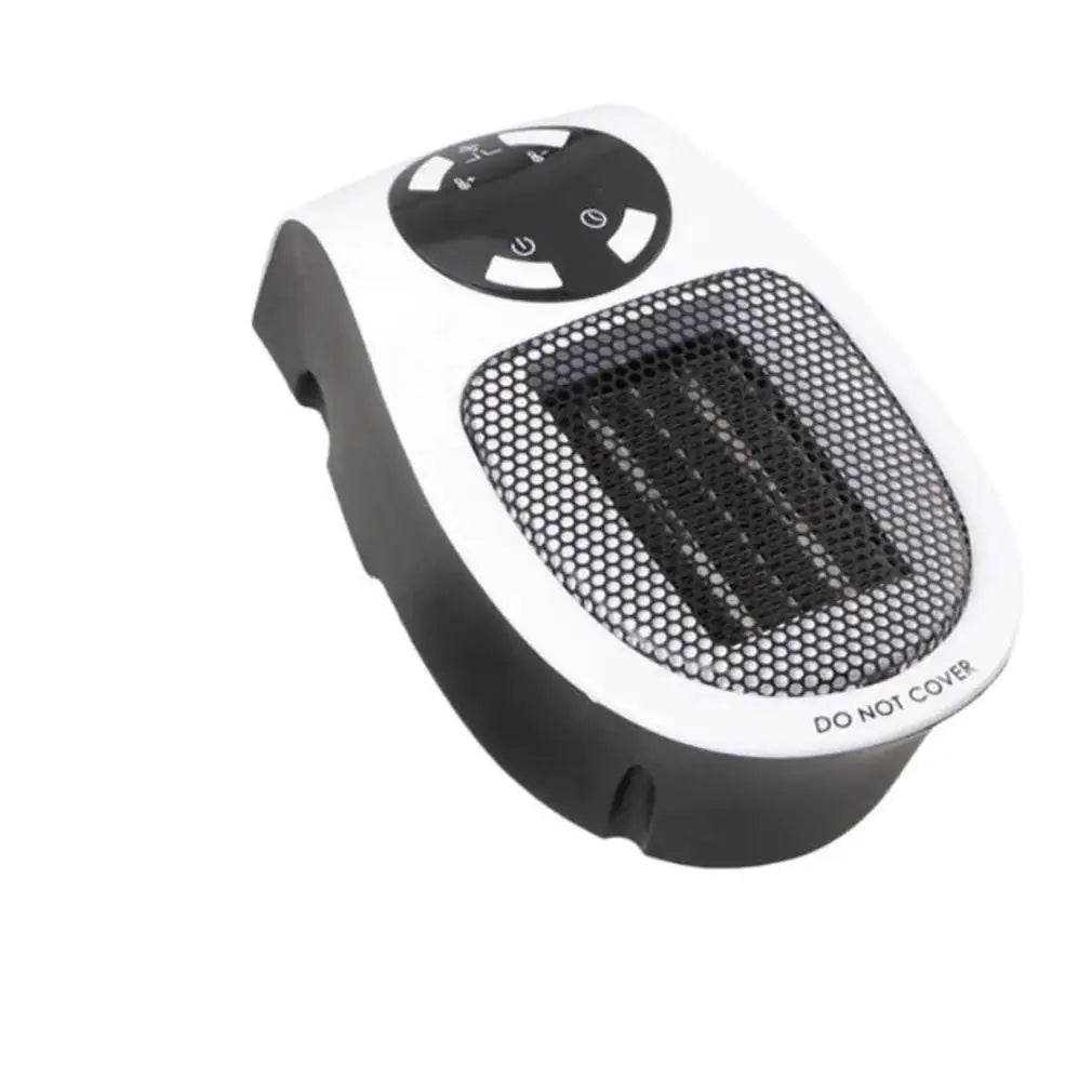 Compact portable electric heater with a plug-in design, front safety grille, and top control buttons.
