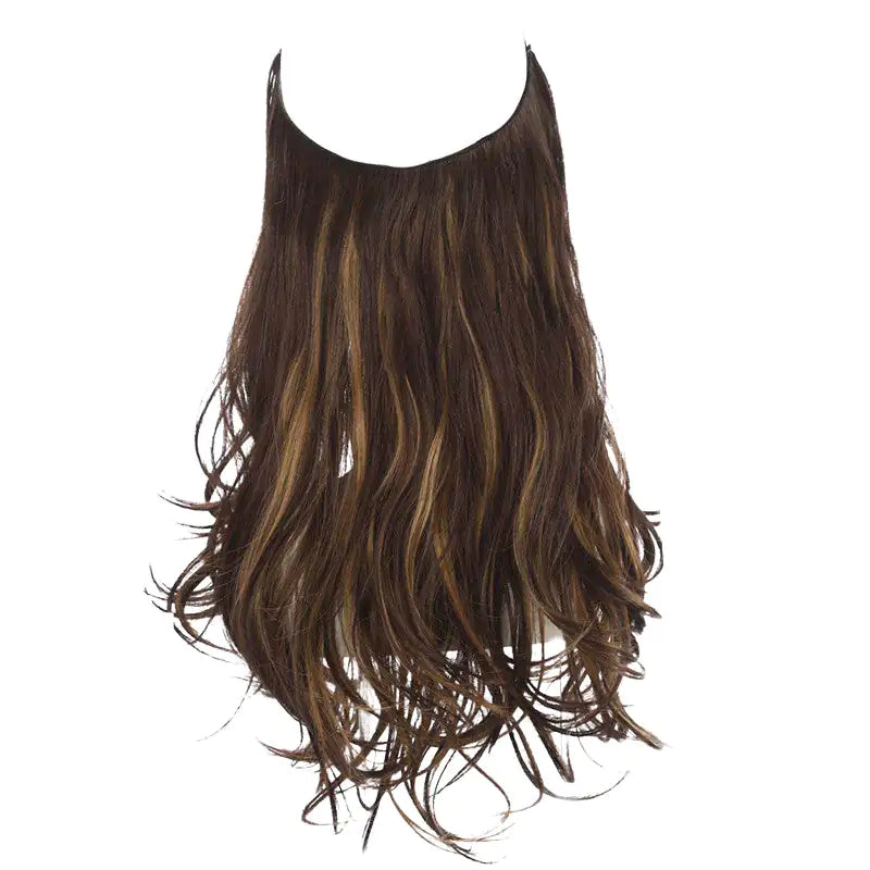 A long, wavy hairpiece with brown and caramel highlights, displayed on a white background.