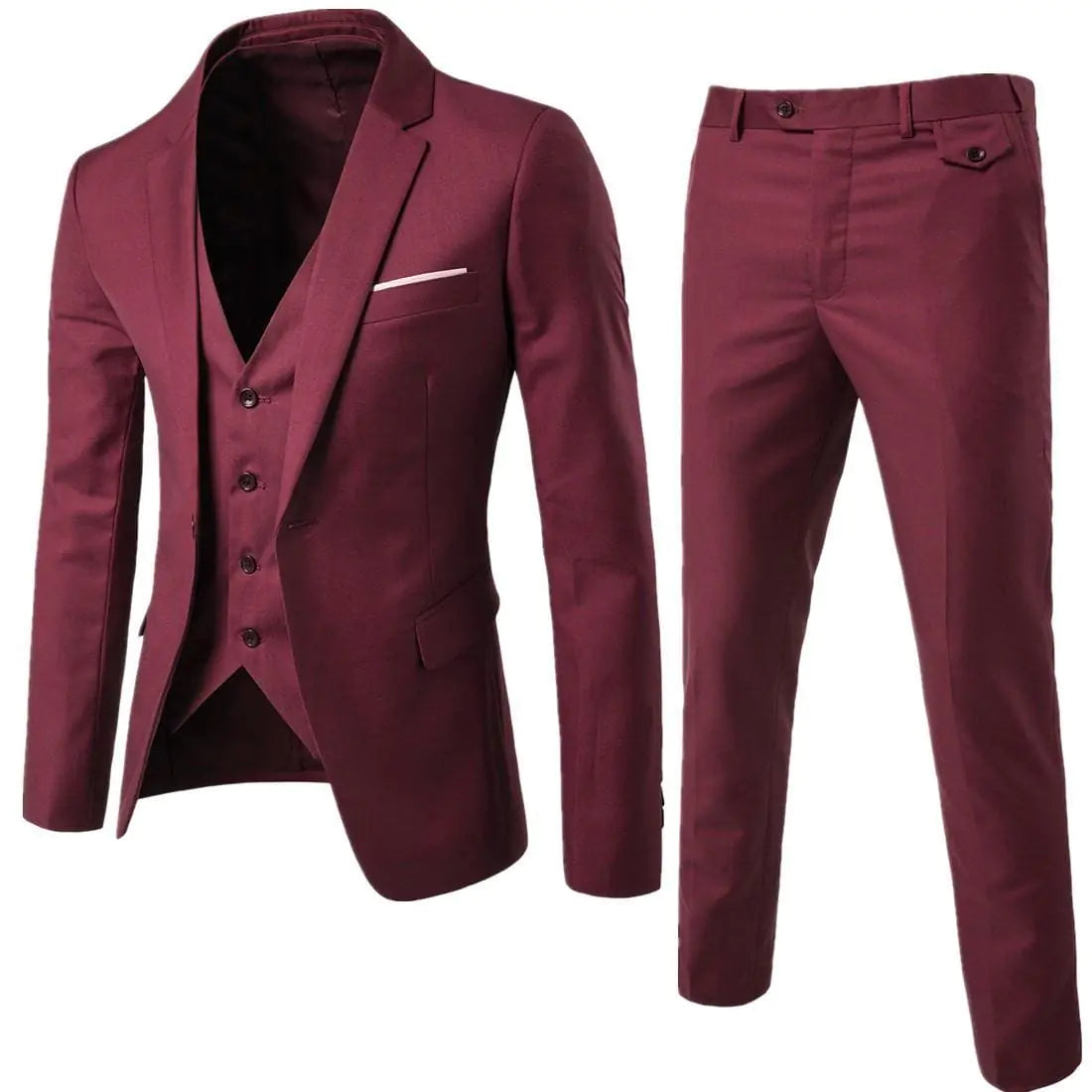 Burgundy men’s suit set with blazer, matching vest, and trousers, shown on a white background.