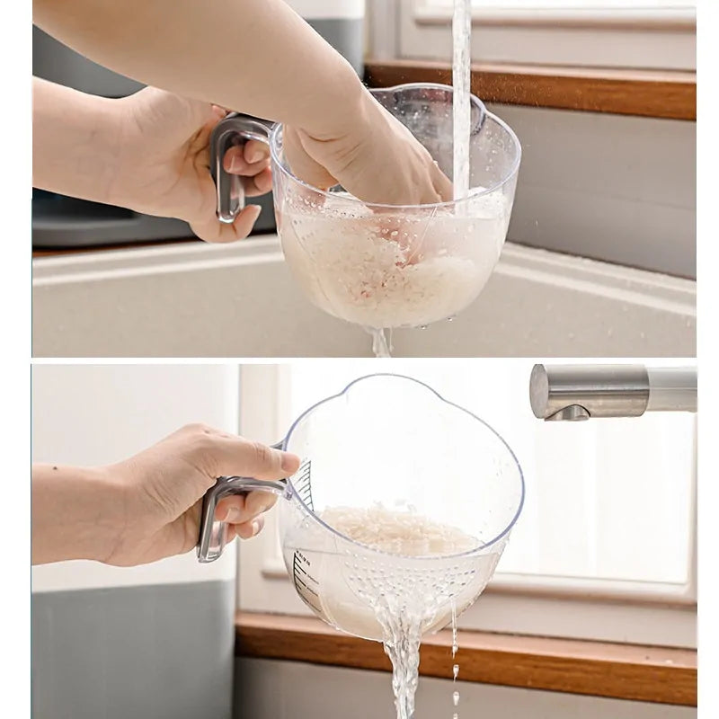 Two-panel photo of hands rinsing rice in a clear measuring bowl under a kitchen faucet, then tilting the bowl to pour off the cloudy water through a built-in strainer.