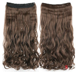 Two views of a long wavy medium-brown hair extension weft, shown front and back with a clip/fastening band at the top, on a white background.