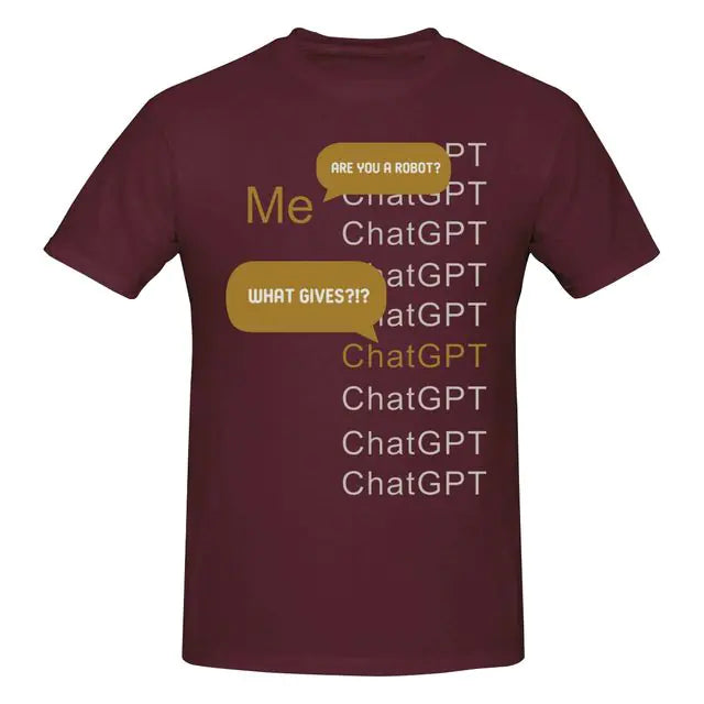 Burgundy T-shirt with a humorous ChatGPT conversation graphic print.