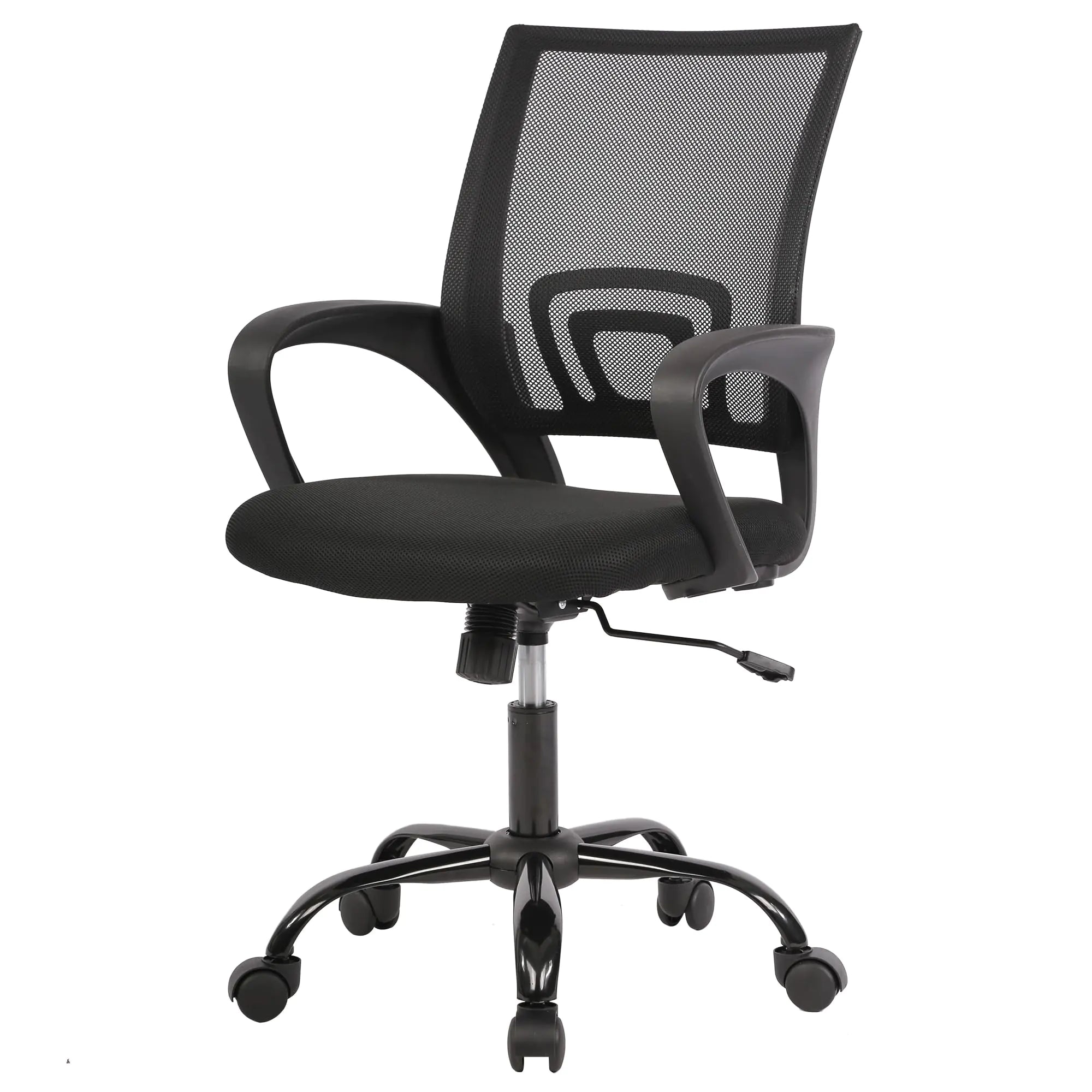 Black office chair with mesh back on a white background