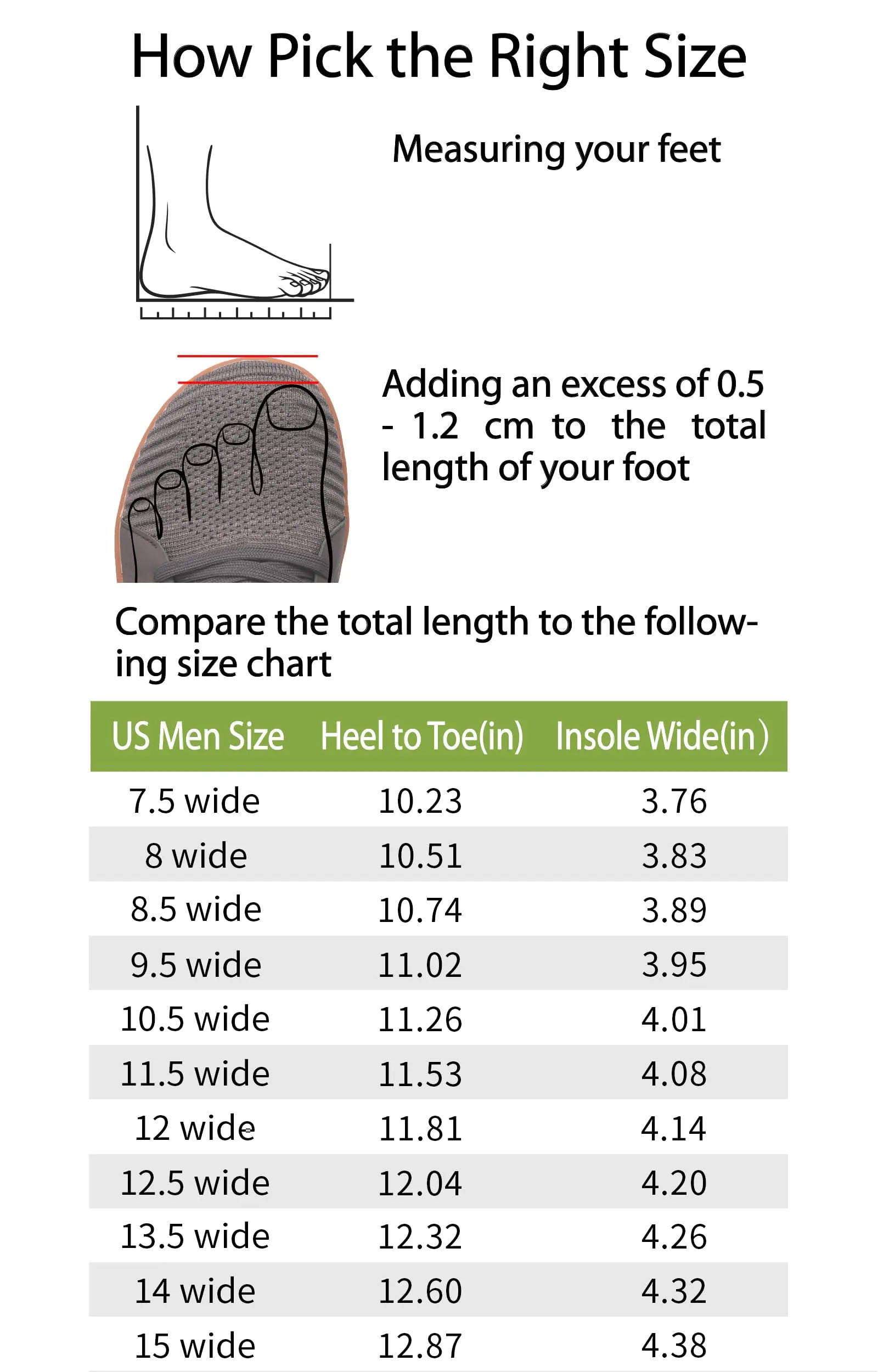 Men's Barefoot Minimalist Cross-Trainer Shoes Size Chart