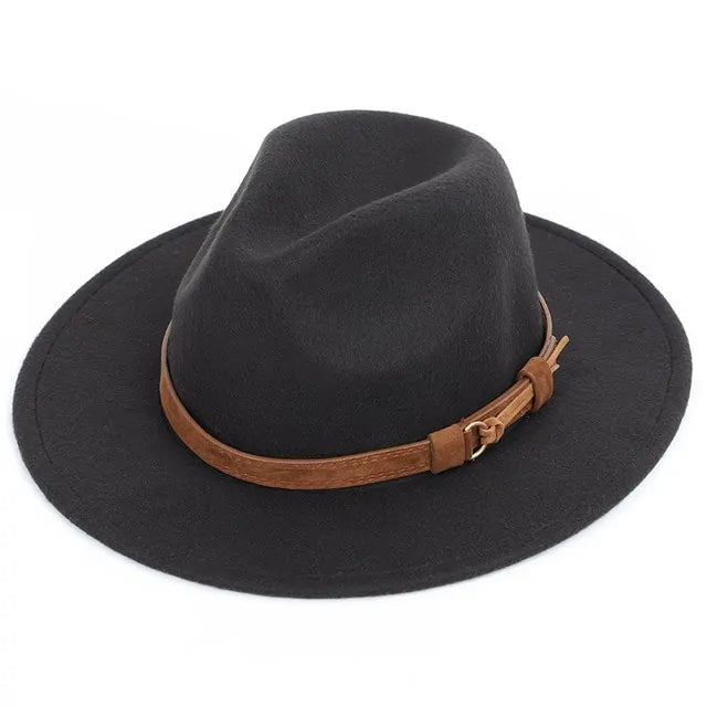 Black wide-brim fedora hat with a pinched crown and a brown faux leather band detail.