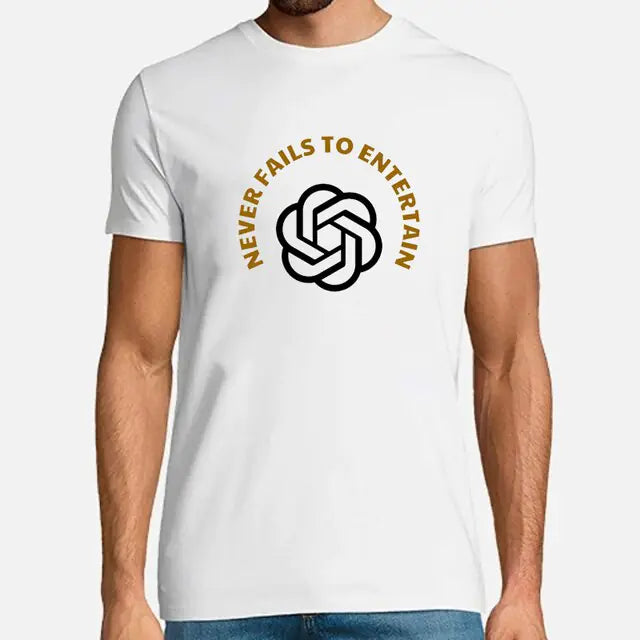 A white short-sleeve T-shirt worn by a model, featuring a central black geometric knot-style logo with curved gold text above it that reads “NEVER FAILS TO ENTERTAIN.” The shirt is shown against a plain light gray background with blue jeans partially visible.