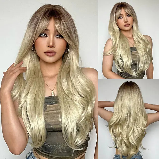 Long wavy blonde wig with darker roots and soft curtain fringe, shown on a model from front, side, and back views, featuring layered volume and a natural, flowing finish.