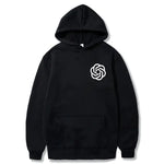 Black pullover hoodie with a front kangaroo pocket, drawstring hood, long sleeves, and a white ChatGPT-style logo printed on the chest.