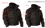Side-by-side comparison of two black tactical jackets labeled “similar one” and “yours,” with red boxes highlighting the left sleeve patch area—one showing a blank Velcro panel and the other showing a small U.S. flag patch.