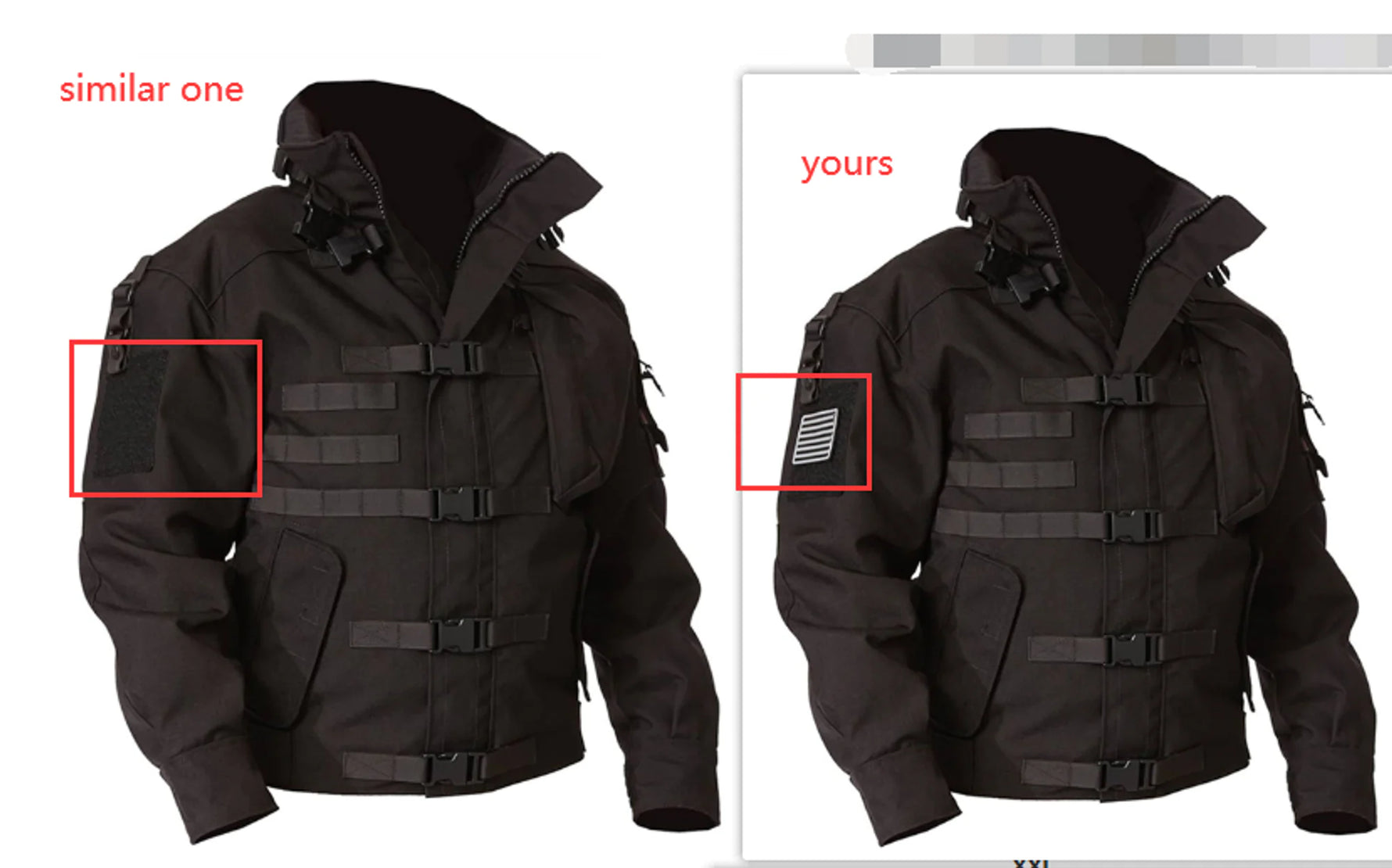 Side-by-side comparison of two black tactical jackets labeled “similar one” and “yours,” with red boxes highlighting the left sleeve patch area—one showing a blank Velcro panel and the other showing a small U.S. flag patch.