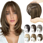 Product collage showing a woman wearing a shoulder-length light-brown wig with bangs and highlights, a close-up of the wig’s top and part held in hands, and six small thumbnails of the wig in different colors/styles on a white background.