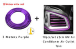 Product graphic showing a coiled purple trim strip labeled “3 Meters Purple” with a tool, plus a photo of a car air-conditioning vent outlined with purple trim; text mentions “10pcs/set 20cm GM Air Conditioner Air Outlet Trim