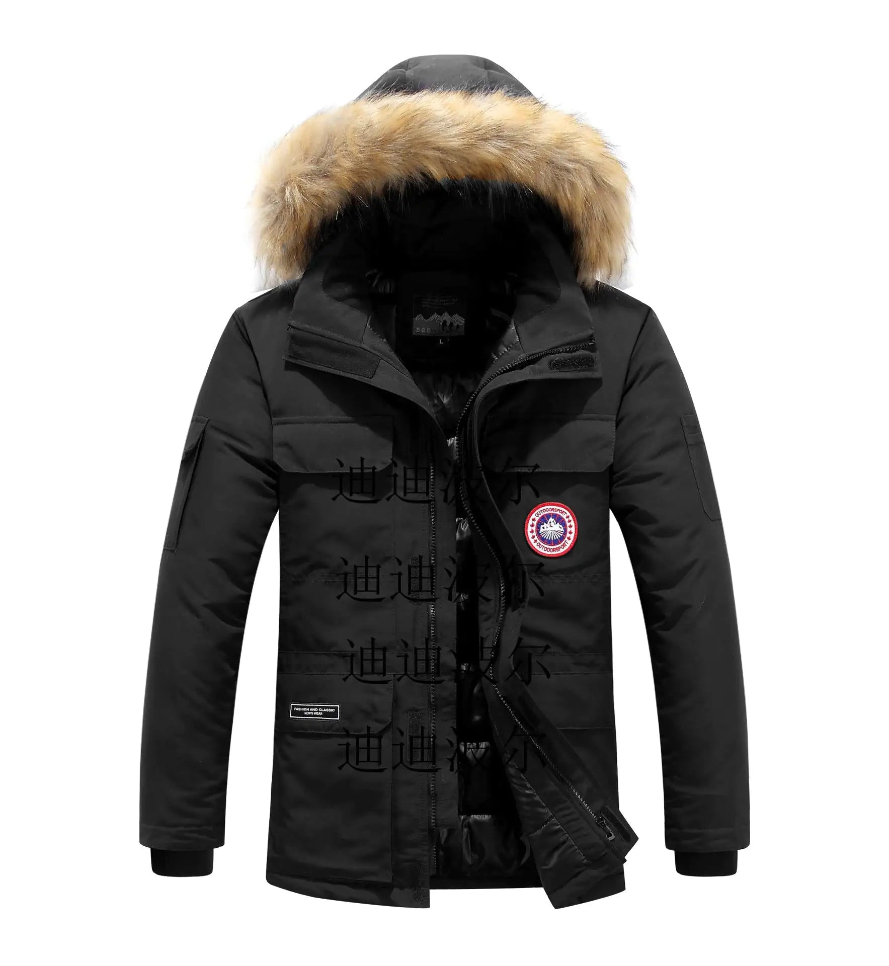 Black hooded winter parka with tan faux-fur trim, zip front, flap pockets, and a round chest patch.