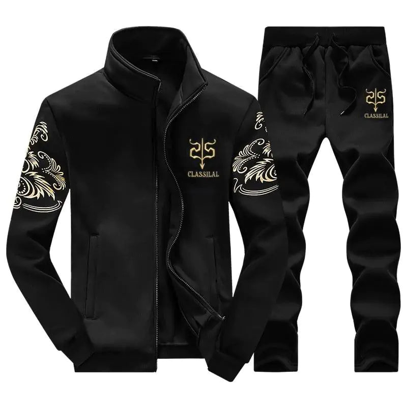 Black men’s tracksuit set with a zip-up jacket and matching joggers, featuring gold “CLASSISAL” logo on the chest and thigh and white decorative patterns on the sleeves and legs, on a white background.