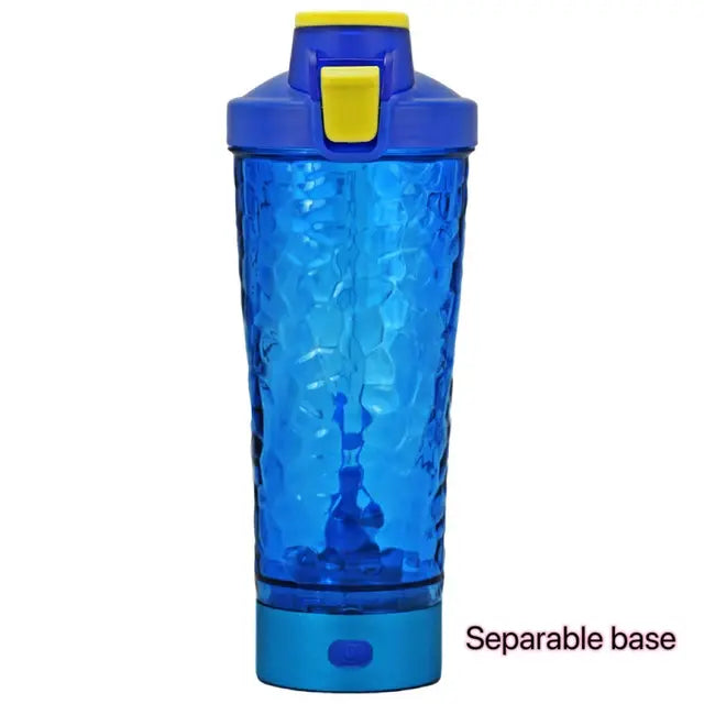 Blue portable blender bottle with a textured clear-blue cup, a blue lid with a yellow flip latch, and text reading “Separable base,” shown on a white background.