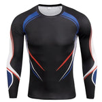 A long-sleeved athletic compression shirt and sleeves. The shirt has black side panels and raglan-style sleeves, giving it a sporty and fitted design. The fabric appears to be stretchy and moisture-wicking, suitable for workouts or outdoor activities.