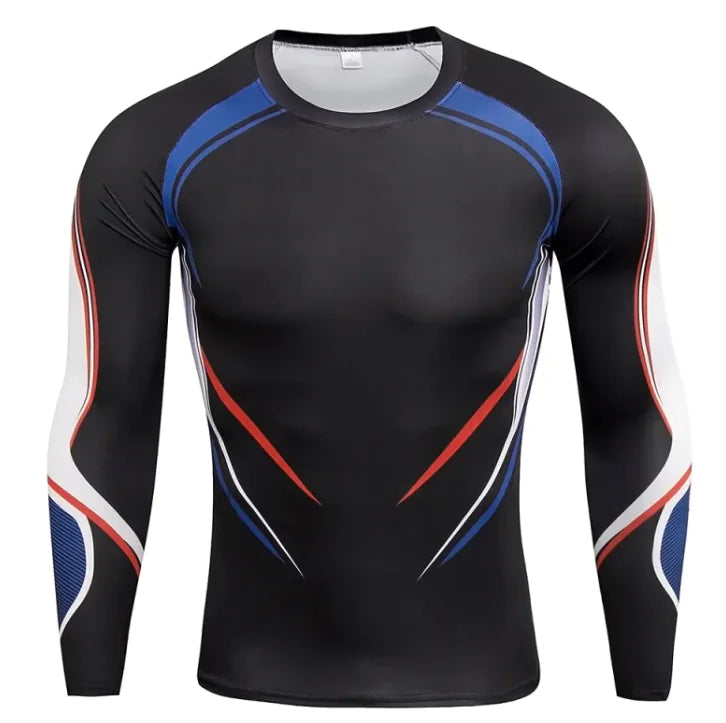 A long-sleeved athletic compression shirt and sleeves. The shirt has black side panels and raglan-style sleeves, giving it a sporty and fitted design. The fabric appears to be stretchy and moisture-wicking, suitable for workouts or outdoor activities.