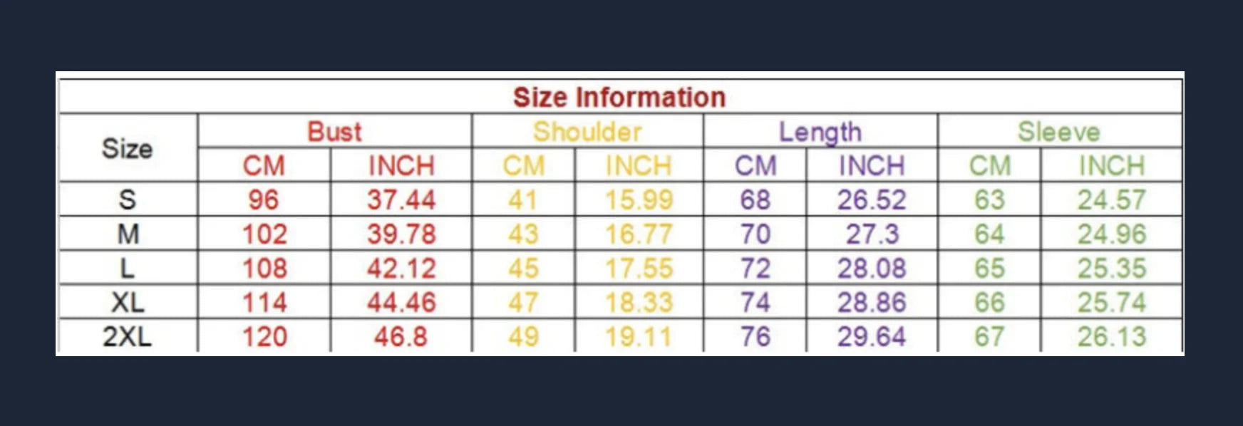 Insulated wool clothing Size Chart