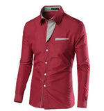 Burgundy long-sleeve button-up dress shirt with a contrasting patterned inner collar and placket, plus a small chest pocket trim, shown on a white background.