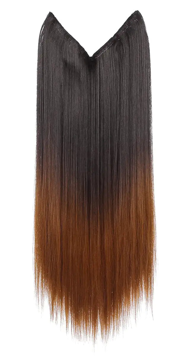 A long, straight ombre hair extension that transitions from dark brown to a warm brown shade at the tips.