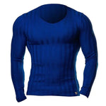 Blue men’s long-sleeve fitted V-neck top with ribbed texture.
