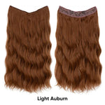 Two views of a long wavy light-auburn halo hair extension on a white background—front and back—with the color label “Light Auburn” underneath.