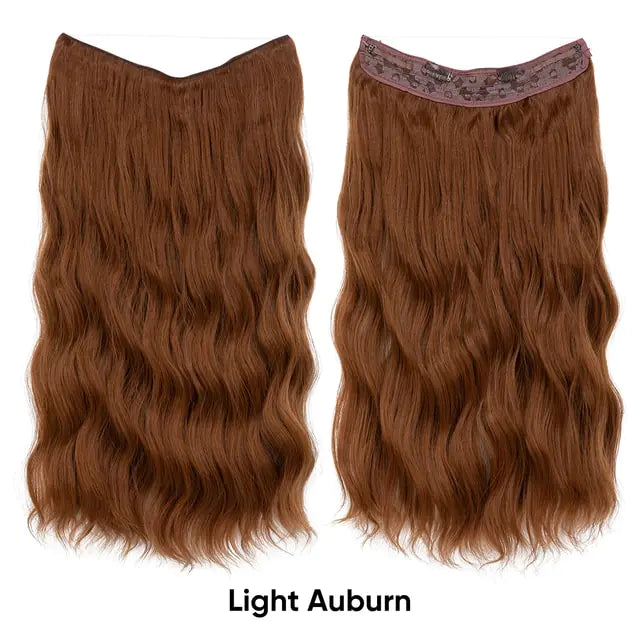 Two views of a long wavy light-auburn halo hair extension on a white background—front and back—with the color label “Light Auburn” underneath.
