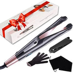Hair straightener set on a white background, including a black-and-rose-gold flat iron, an inflatable protective air bag, a heat-resistant glove, two hair clips, and a storage pouch.