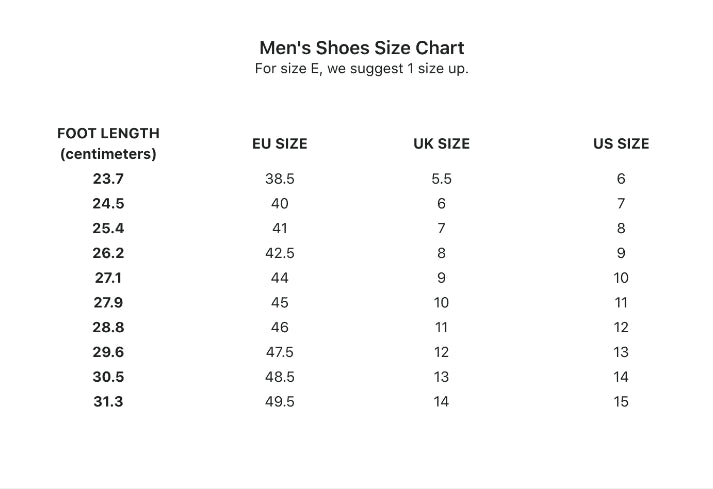 Men's Oxford Derby™ Fashion Leather Shoes Size Chart