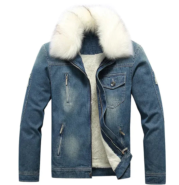 Men's Winter Fur-Lined Denim Jean Jacket