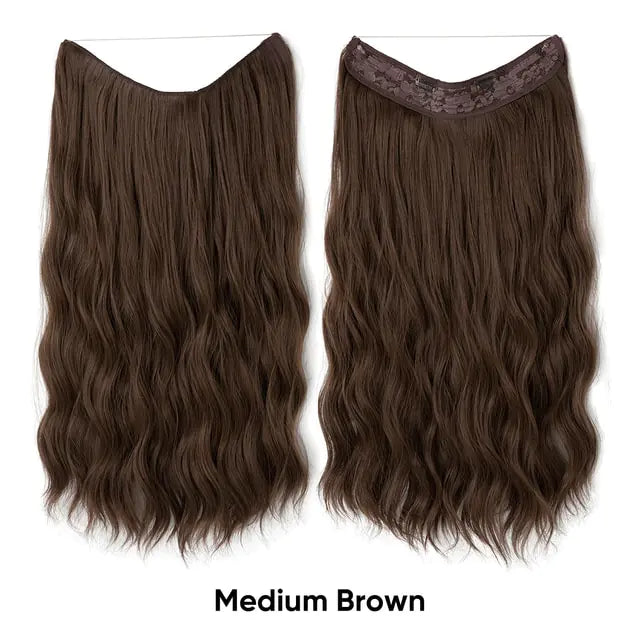 Long wavy medium brown hair extensions with a matching base, labeled "Medium Brown.