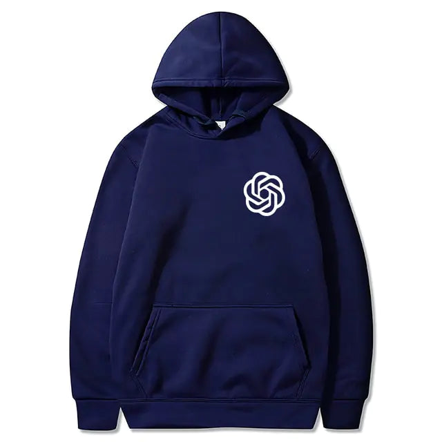 Blue pullover hoodie with a front kangaroo pocket and a small white ChatGPT knot logo on the left chest, shown on a white background.
