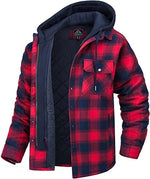 A men's blue and black plaid flannel jacket with a quilted inner lining and an attached black hood. The jacket features a button-up front with snap closures, a zippered interior, and a single chest pocket with a buttoned flap. The thick, insulated design makes it suitable for cold weather.